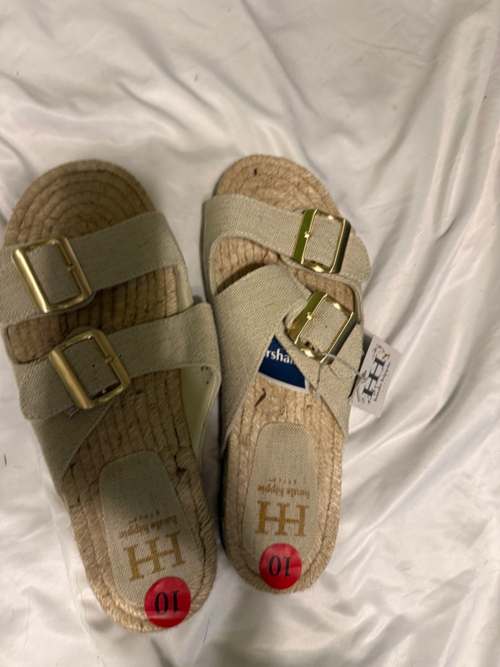 Womens Beige Canvas Slide Sandals with Gold Buckles - Size 10